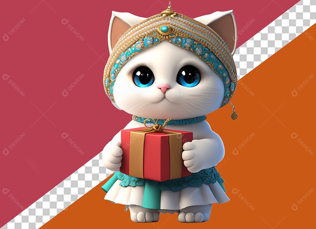 Linda Gata 3D Segurando Caixa de Presente Vermelho e Dourado Elemento para Composição PSD