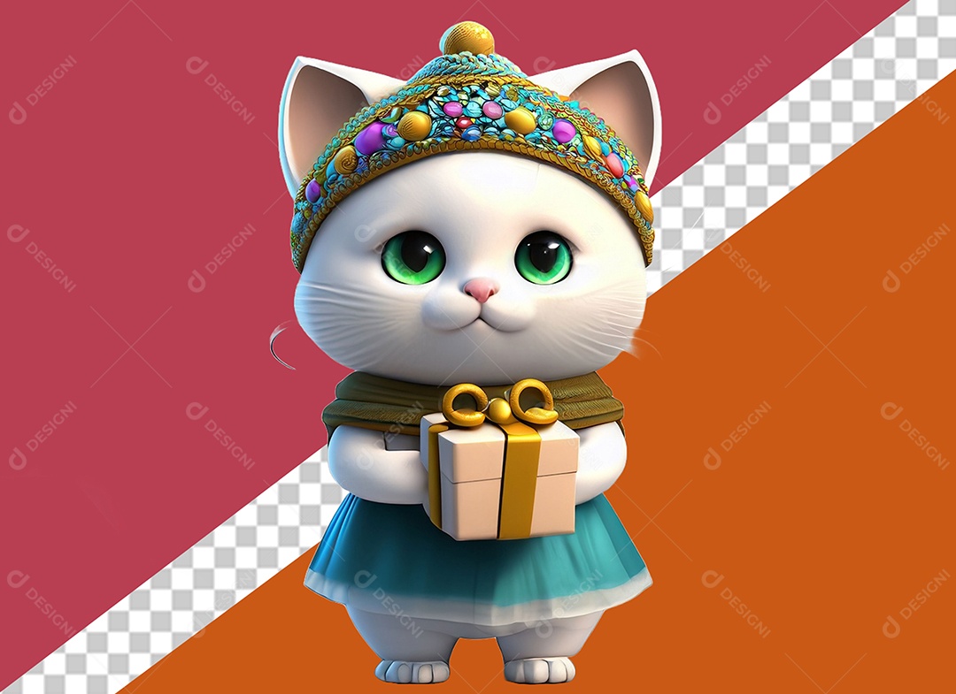 Linda Gata 3D Segurando Caixa de Presente Branco e Dourado Elemento para Composição PSD