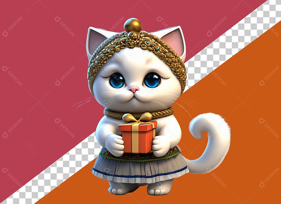Linda Gata 3D Segurando Caixa de Presente Vermelha e Dourado Elemento para Composição PSD