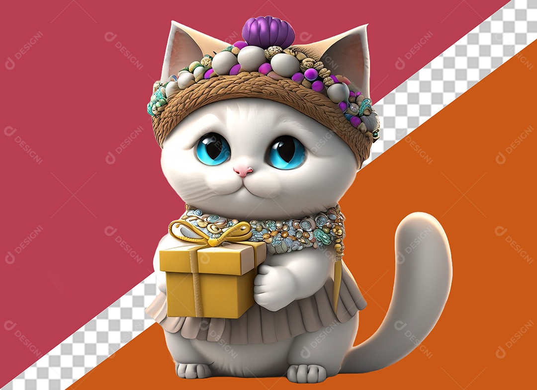 Linda Gata 3D Segurando Caixa de Presente Dourada Elemento para Composição PSD