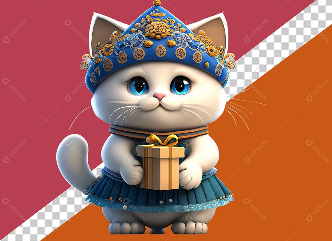 Linda Gata 3D Segurando Caixa de Presente Dourada Elemento para Composição PSD