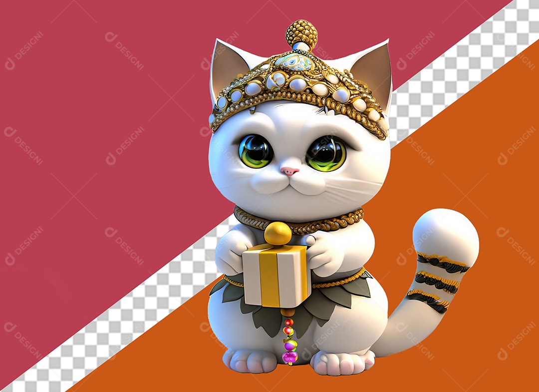 Linda Gata 3D Segurando Caixa de Presente Elemento para Composição PSD