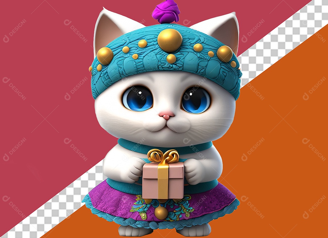 Linda Gata Branca 3D Segurando Caixa de Presente Elemento para Composição PSD