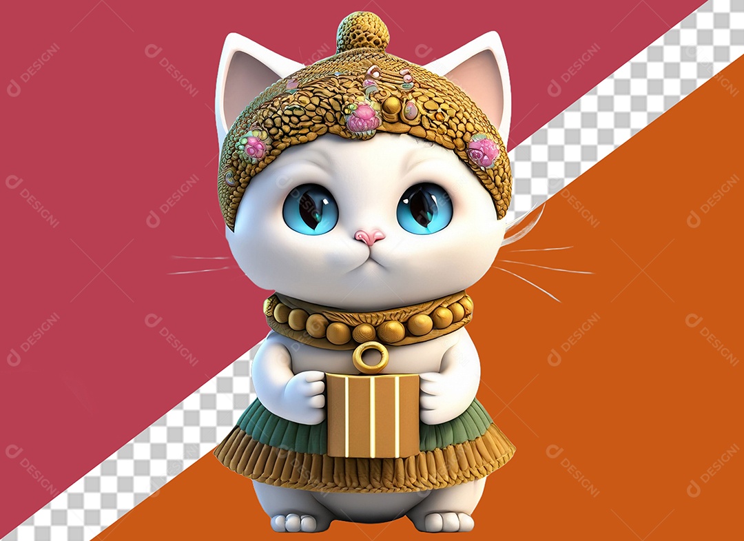 Linda Gata Branca 3D Segurando Caixa de Presente Elemento para Composição PSD