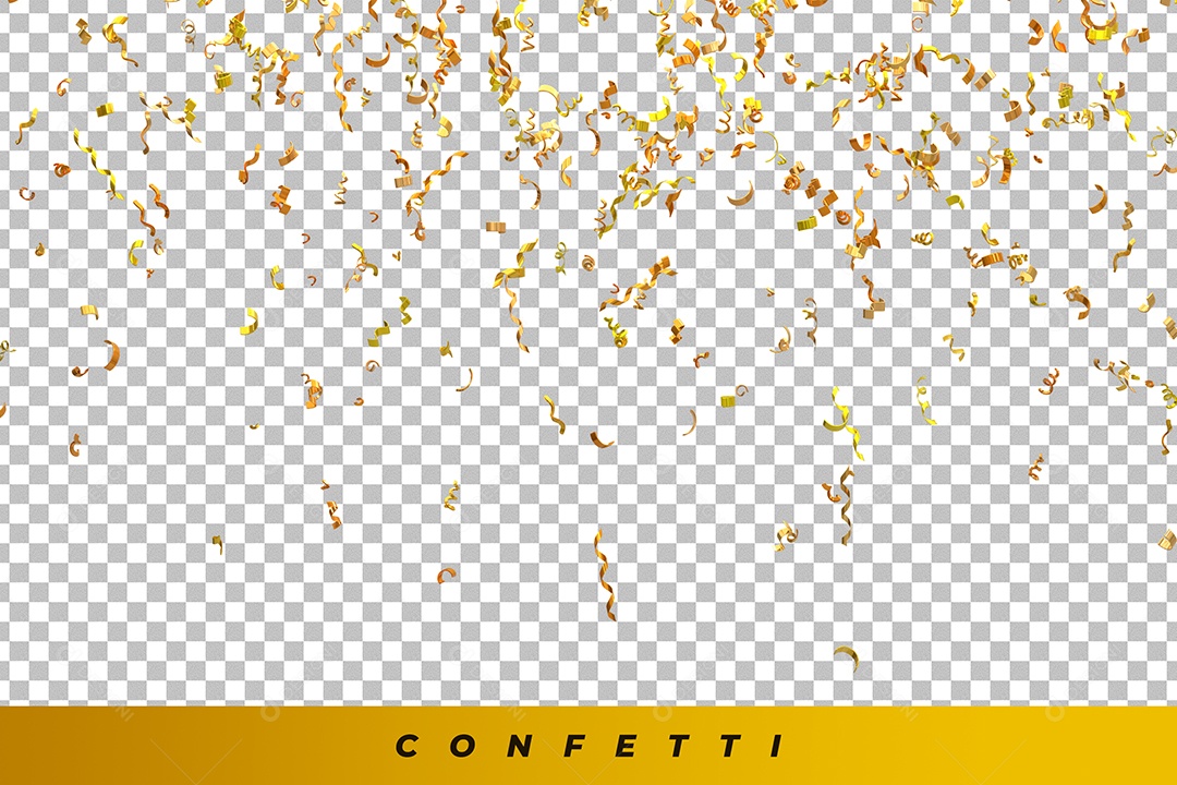 Elemento 3D Confetes Fitilhos Dourado para Composição PSD