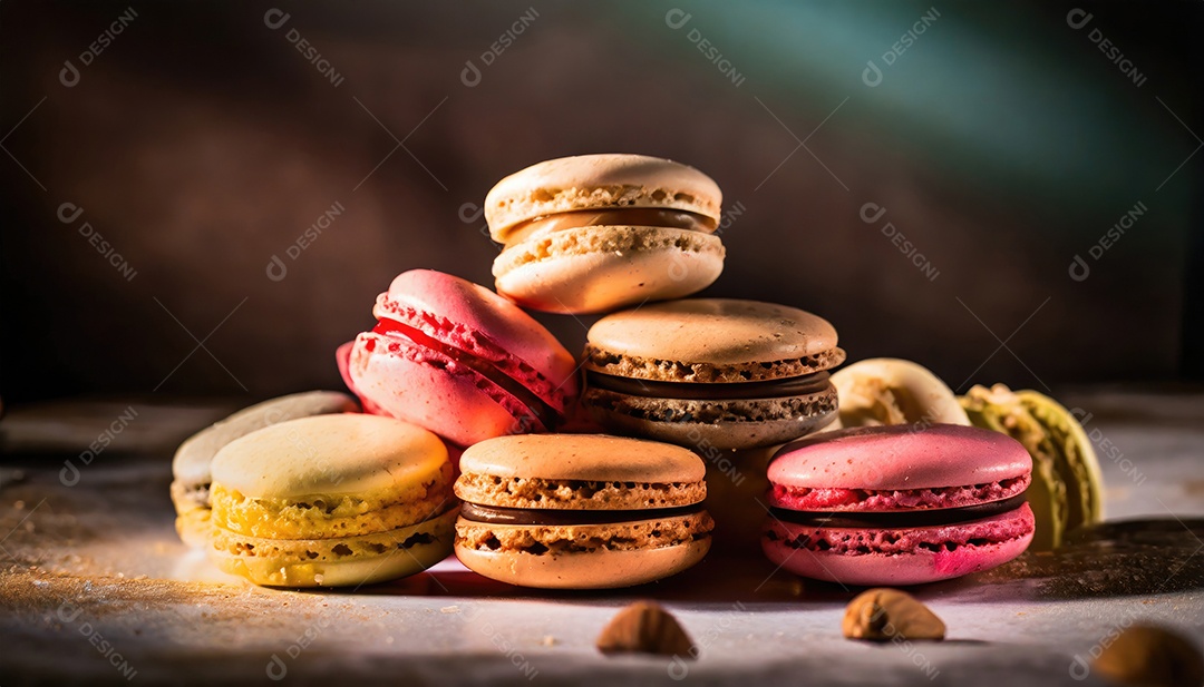 Fundo de macarons coloridos franceses. sobremesa de macarons coloridos com tons vintage