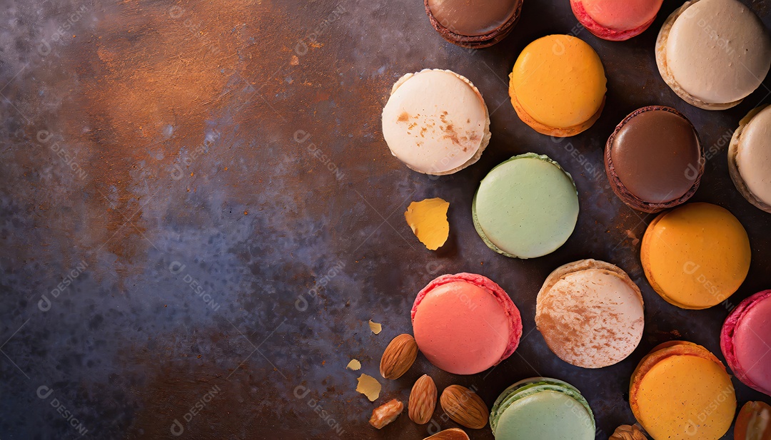 Fundo de macarons coloridos franceses. sobremesa de macarons coloridos