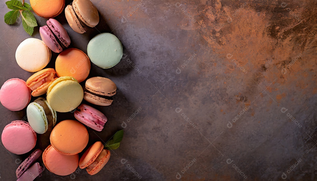 Fundo de macarons coloridos franceses. sobremesa de macarons coloridos