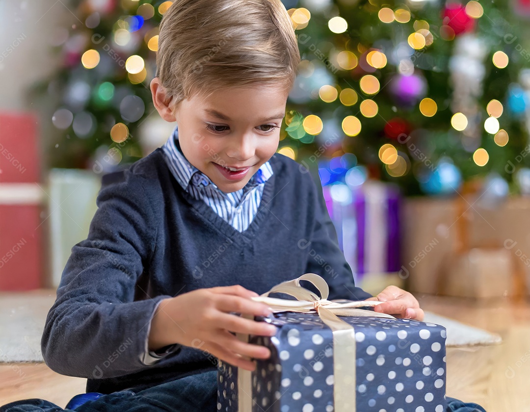 Criança asiática feliz desembrulhando um presente no natal