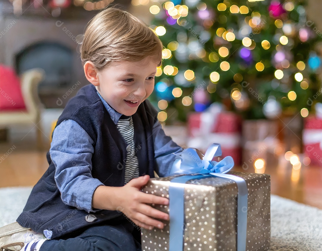 Criança asiática feliz desembrulhando um presente no natal