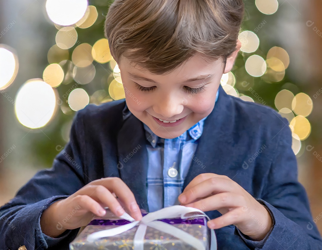 Criança asiática feliz desembrulhando um presente no natal