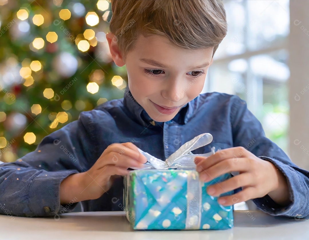 Criança asiática feliz desembrulhando um presente no natal