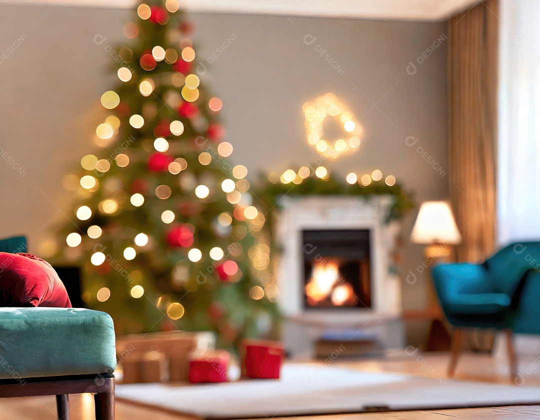 Natal interior. árvore brilhante mágica, lareira e presentes