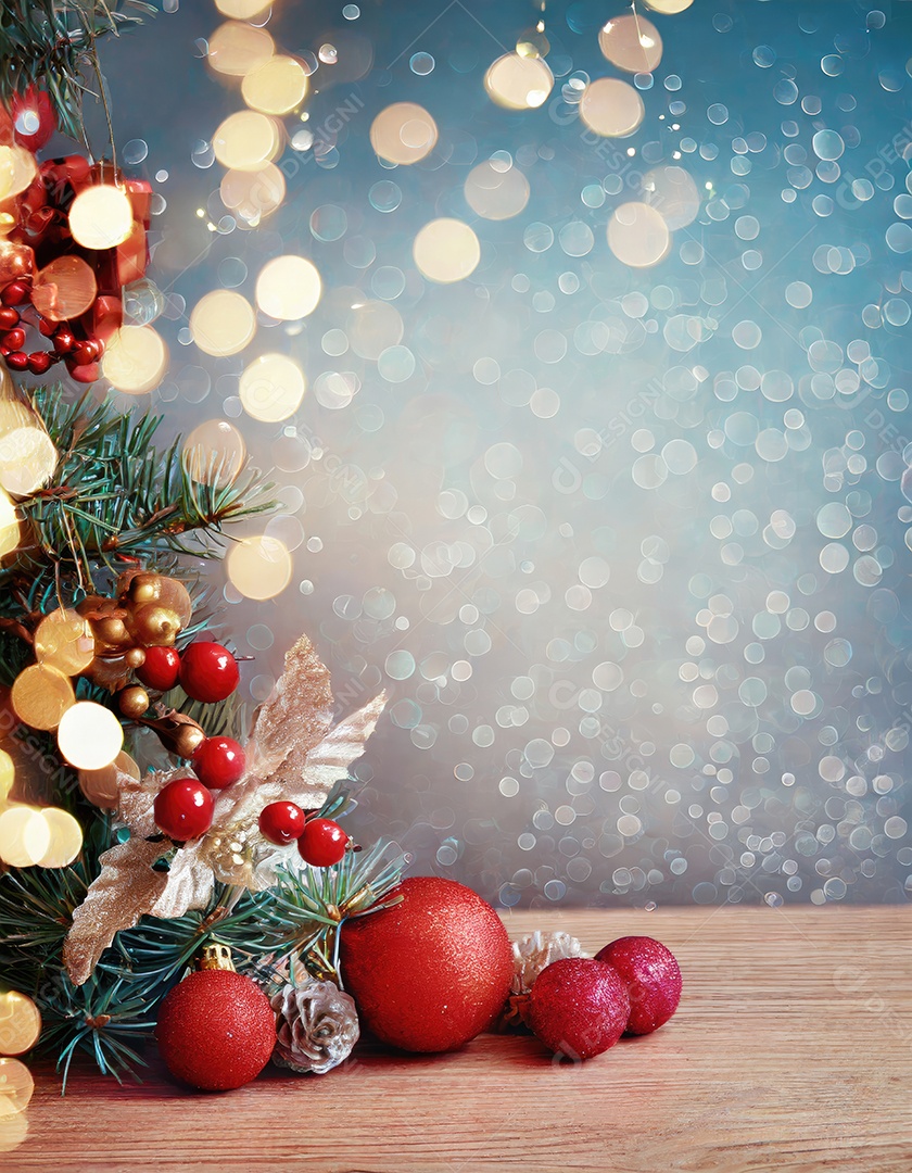 Brinquedo de árvore de Natal de Ano Novo, galhos de uma árvore de Natal, decorações de Ano Novo em um fundo de madeira.