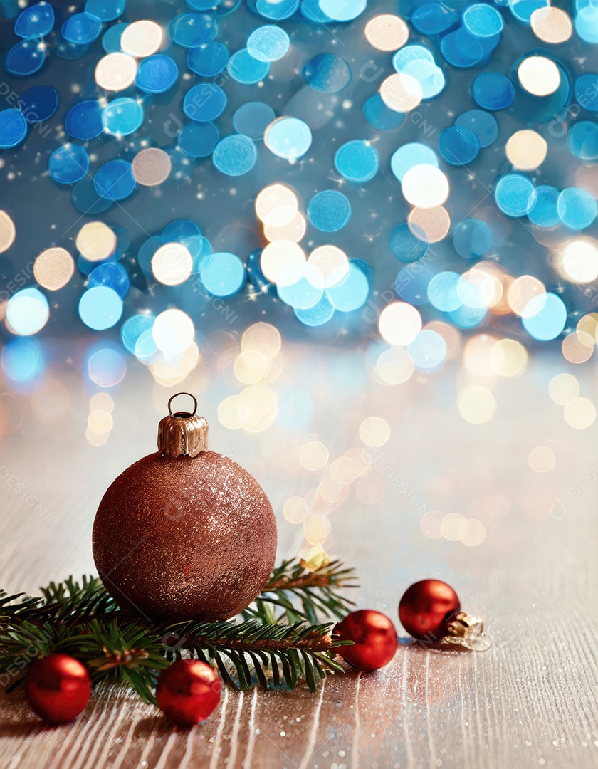 Brinquedo de árvore de Natal de Ano Novo, galhos de uma árvore de Natal, decorações de Ano Novo em um fundo de madeira.