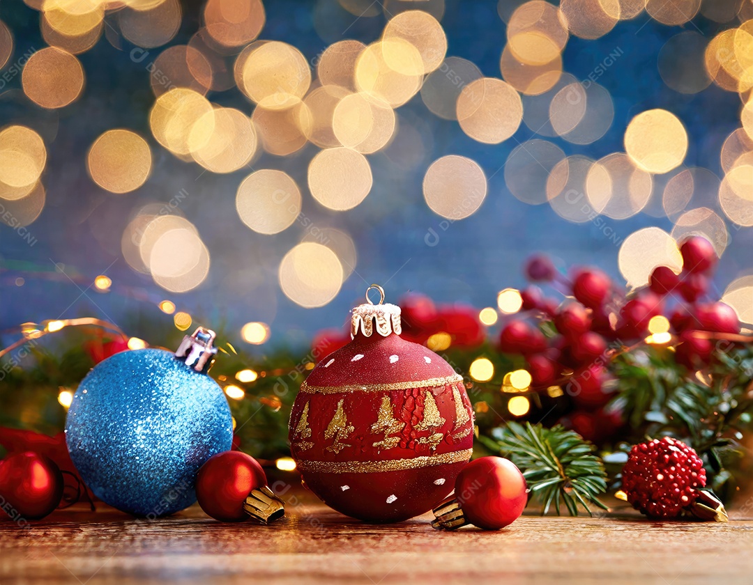 Brinquedo de árvore de Natal de Ano Novo, galhos de uma árvore de Natal, decorações de Ano Novo em um fundo de madeira.