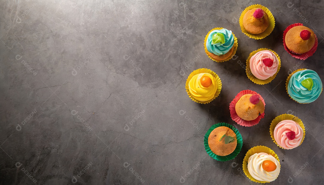 Bolinhos saborosos na mesa escura. Vista superior do bolo colorido