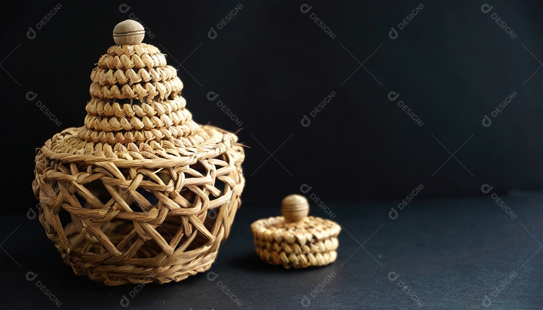 Artesanato feito à mão a partir de produtos naturais, cesto de vime, prato e cesto de bambu tecido, folha de vime trançada.