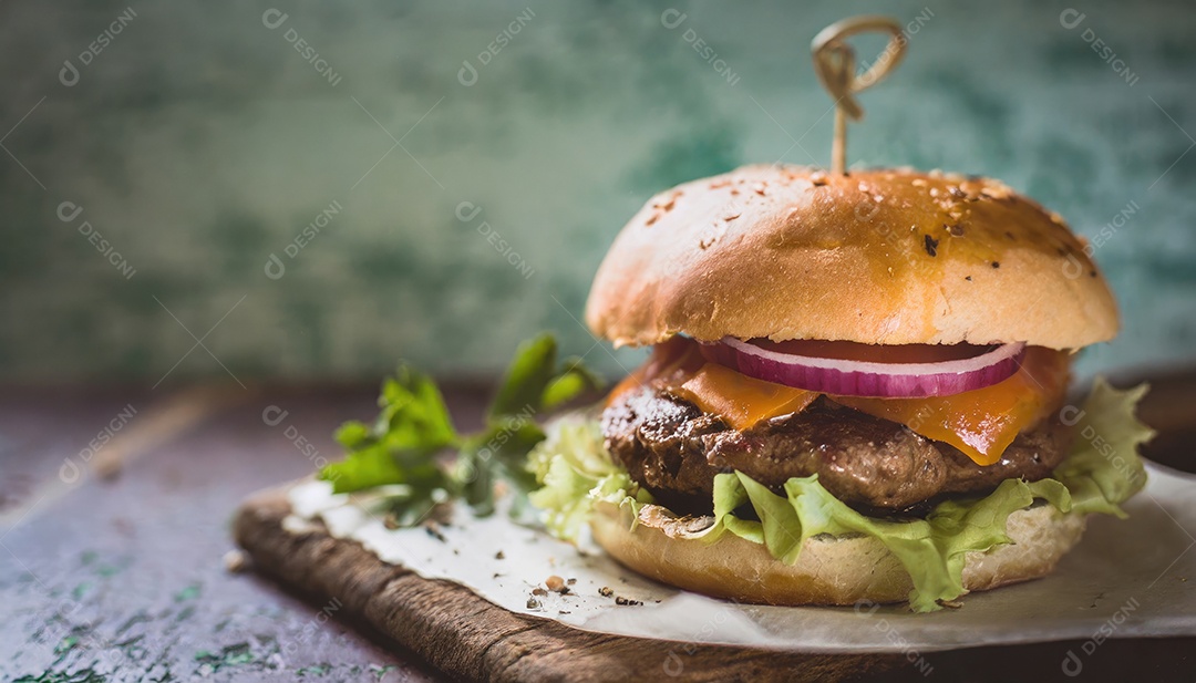 Hambúrguer suculento, artesão, rústico, fotografia de comida