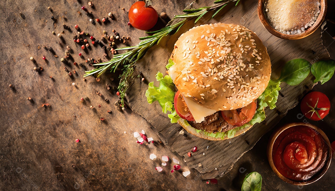 Hambúrguer suculento, artesão, rústico, fotografia de comida