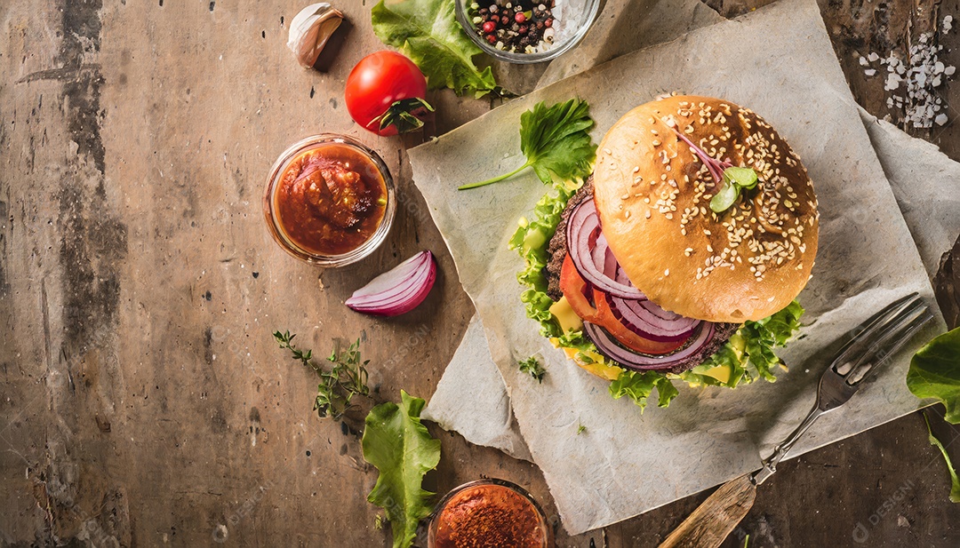 Hambúrguer suculento, artesão, rústico, fotografia de comida