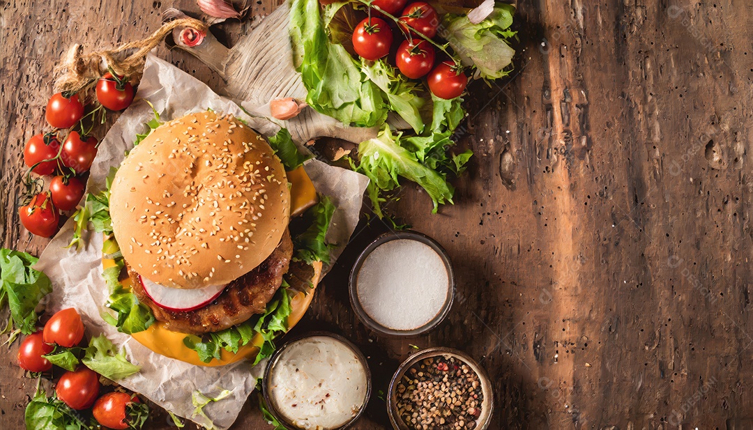 Hambúrguer suculento, artesão, rústico, fotografia de comida