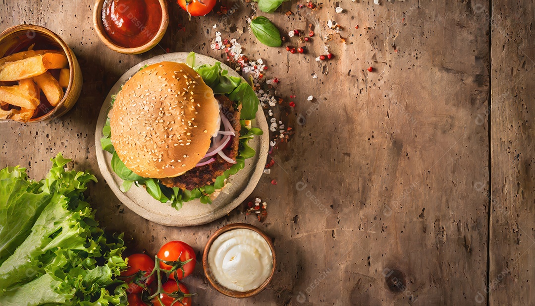 Hambúrguer suculento, artesão, rústico, fotografia de comida