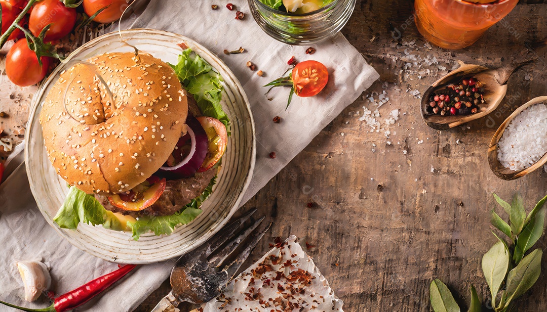 Hambúrguer suculento, artesão, rústico, fotografia de comida