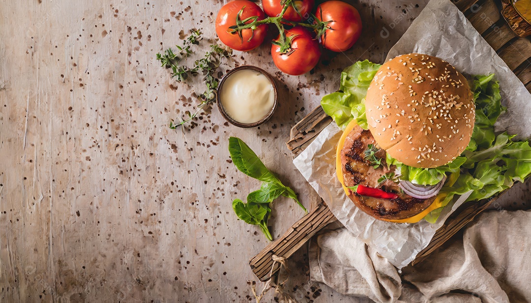 Um suculento hambúrguer, artesão, rústico