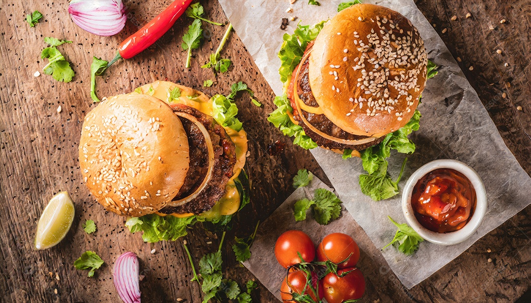 Um suculento hambúrguer, artesão, rústico