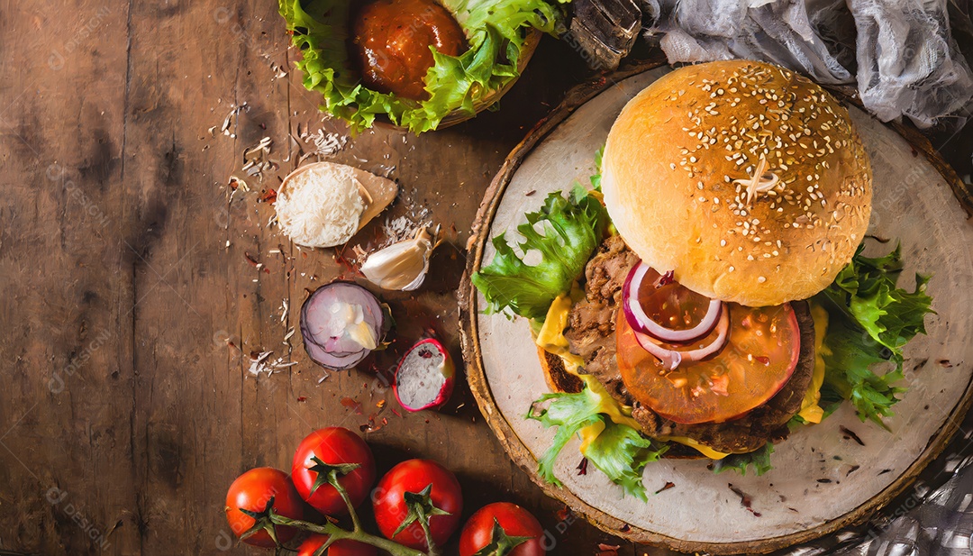 Um suculento hambúrguer, artesão, rústico