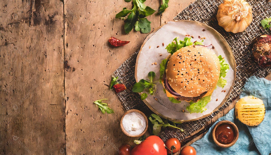 Um suculento hambúrguer, artesão, rústico