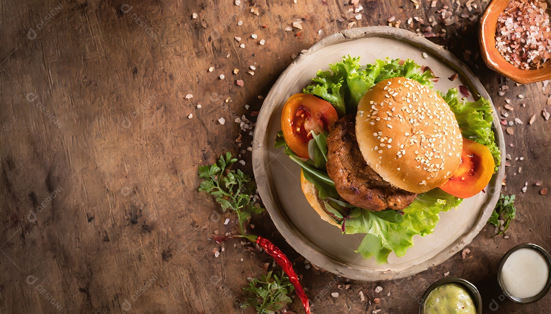 Um suculento hambúrguer, artesão, rústico