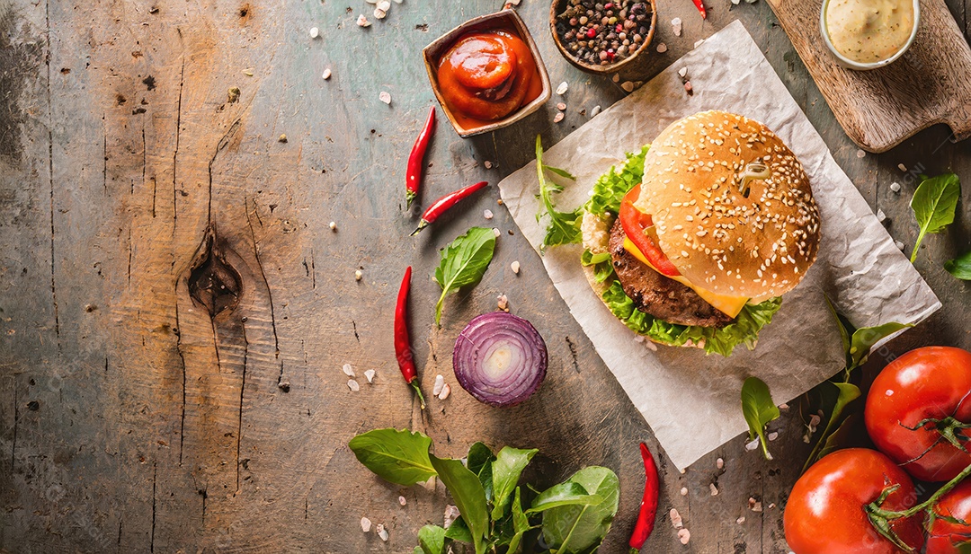 Um suculento hambúrguer, artesão, rústico