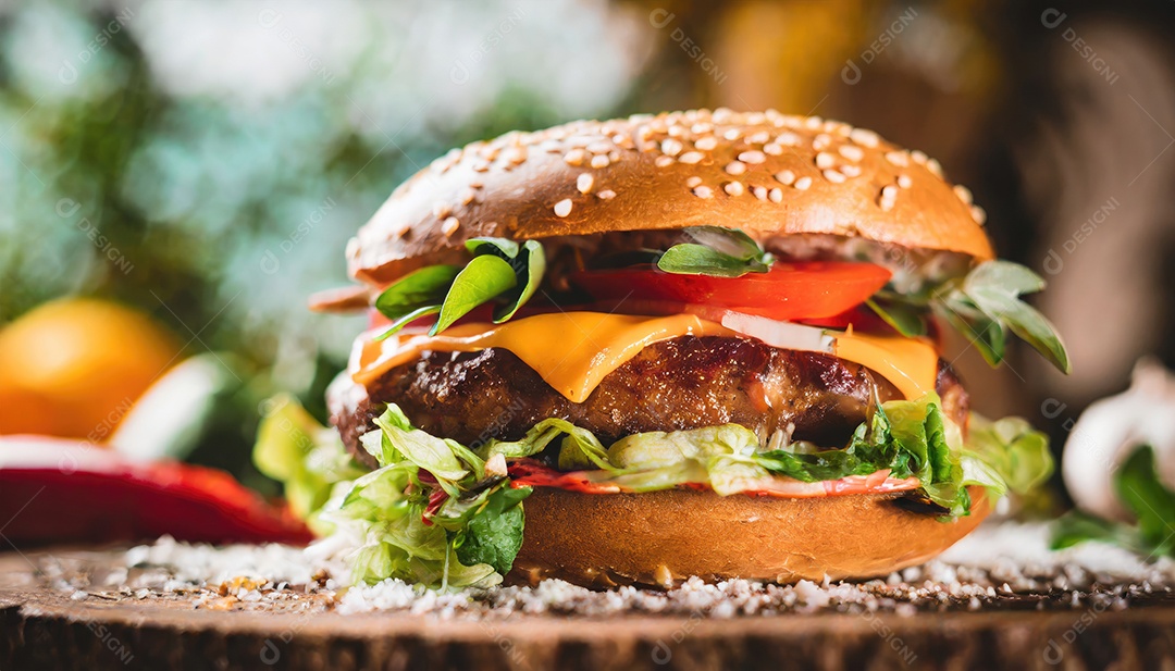 Um suculento hambúrguer, artesão, rústico