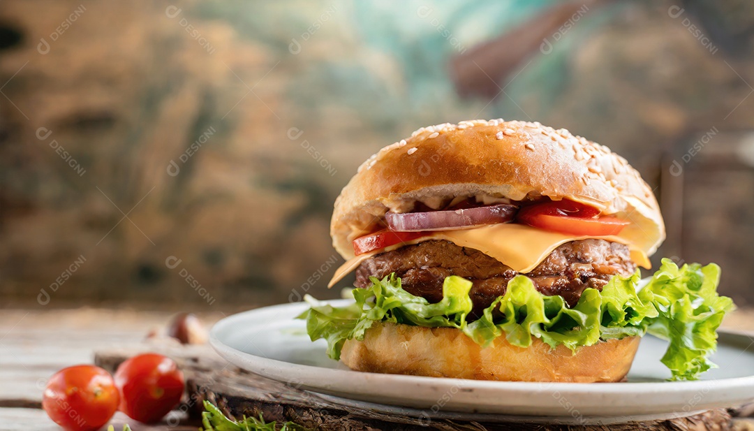 Um suculento hambúrguer, artesão, rústico