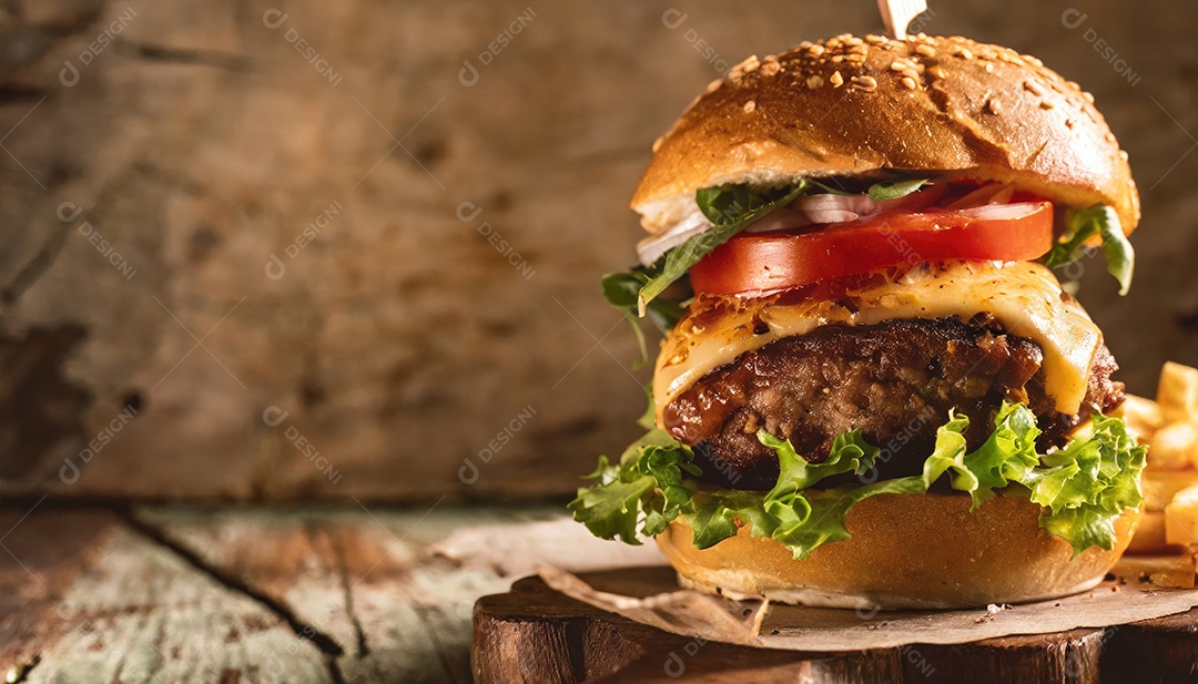 Um suculento hambúrguer, artesão, rústico
