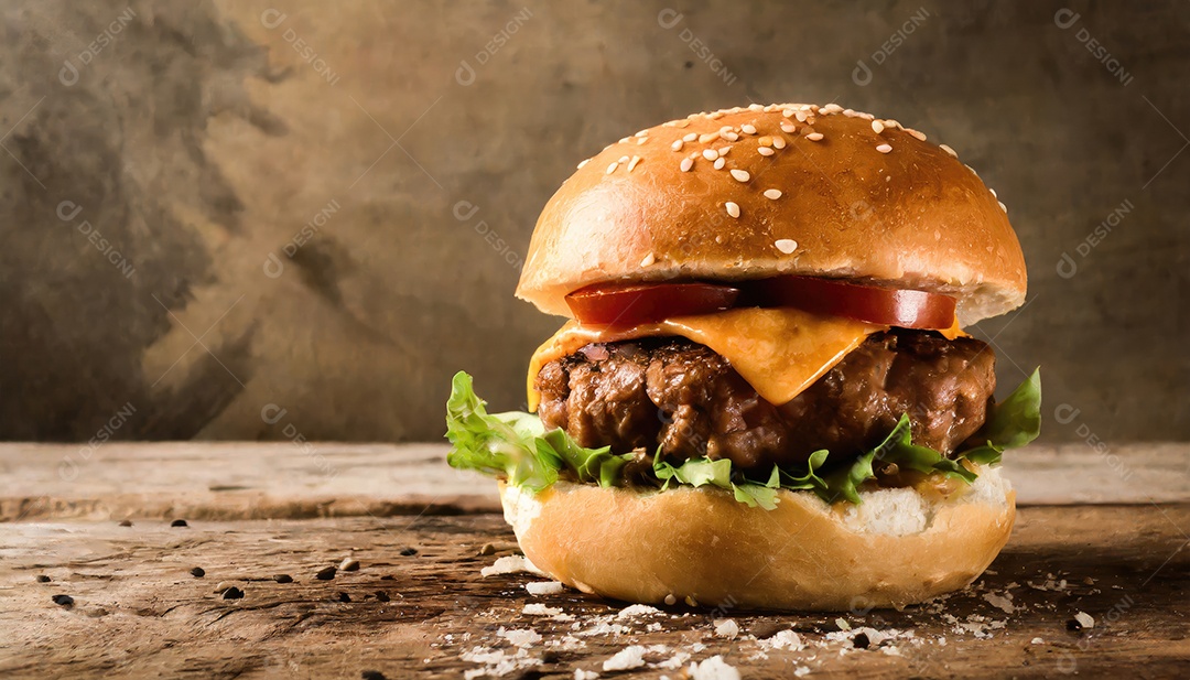 Um suculento hambúrguer, artesão, rústico