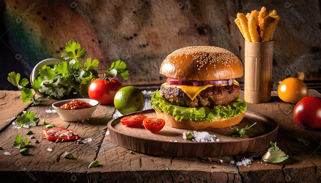 Um suculento hambúrguer, artesão, rústico