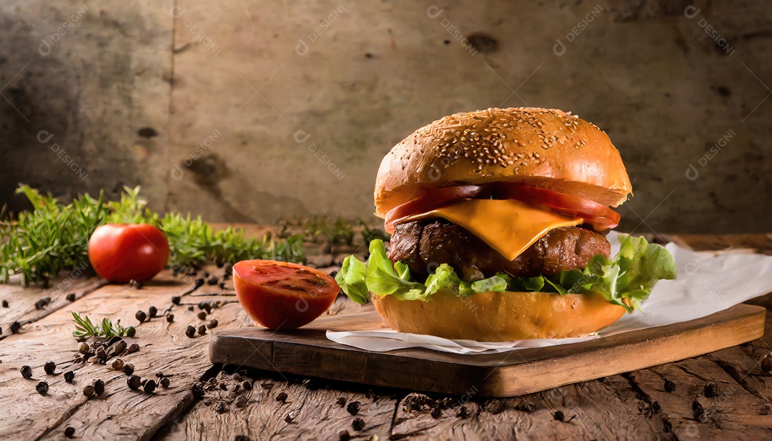 Um suculento hambúrguer, artesão, rústico