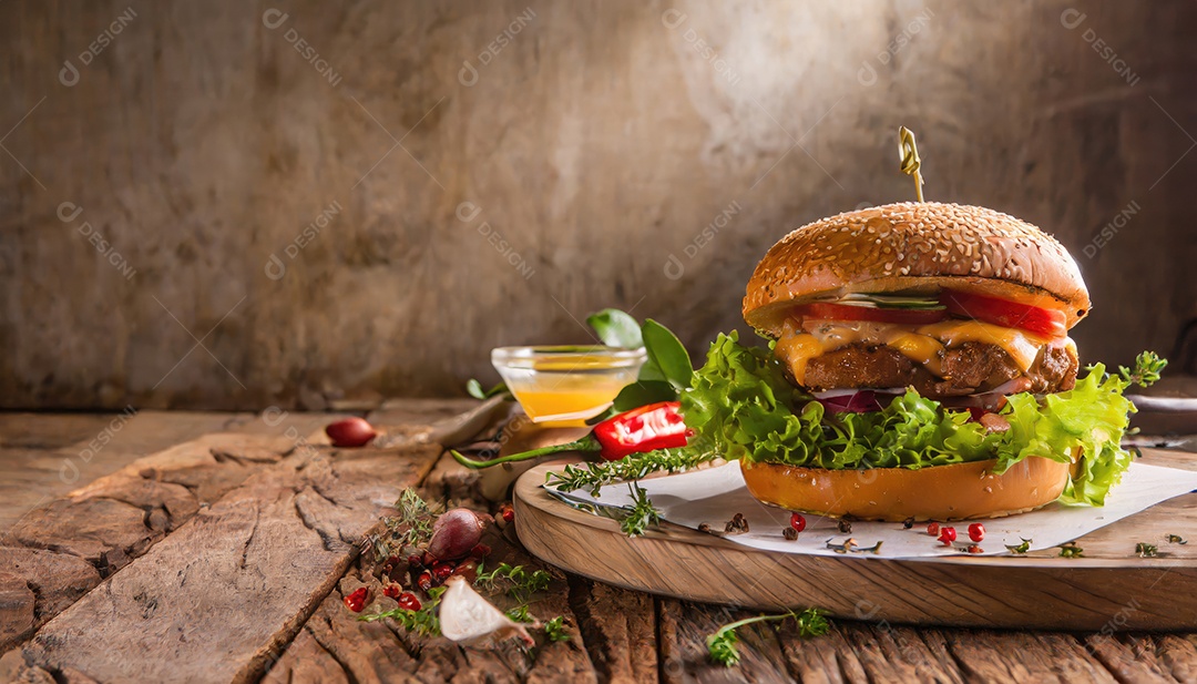 Um suculento hambúrguer, artesão, rústico