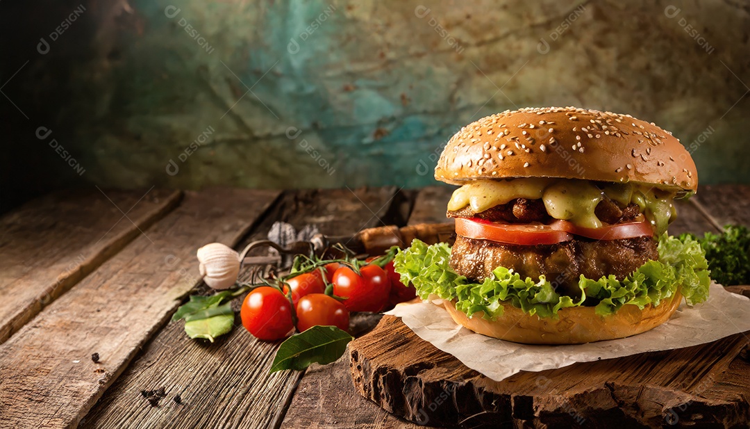 Um suculento hambúrguer, artesão, rústico