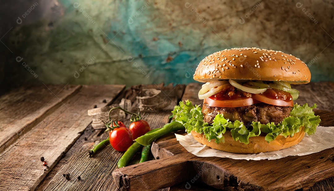 Um suculento hambúrguer, artesão, rústico