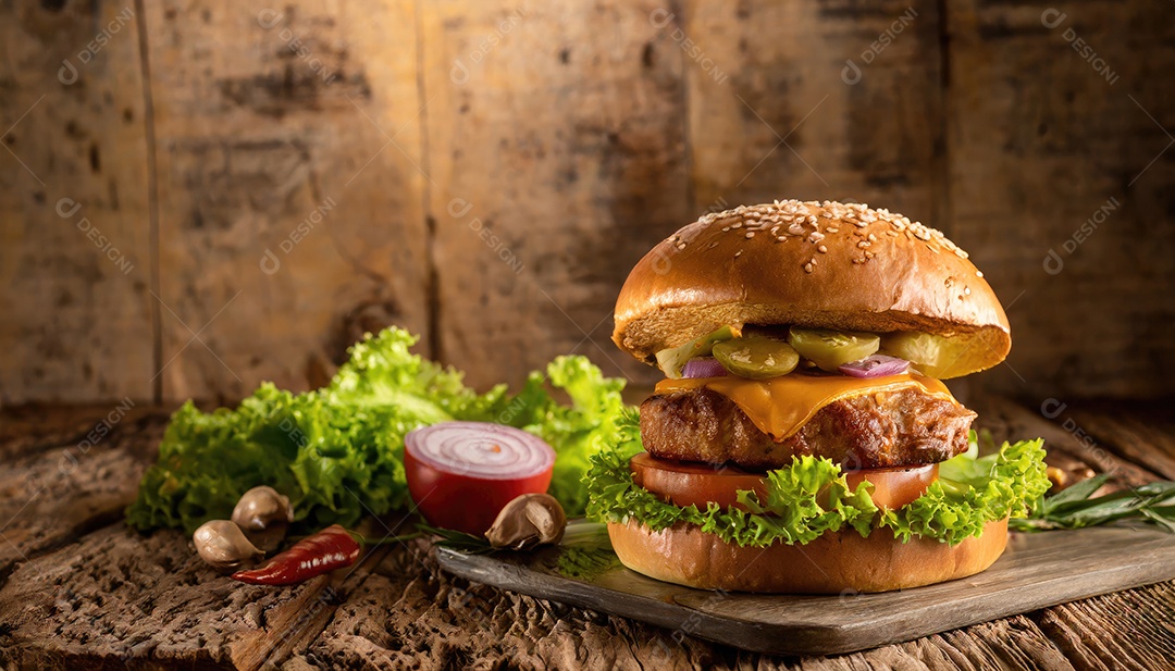 Um suculento hambúrguer, artesão, rústico