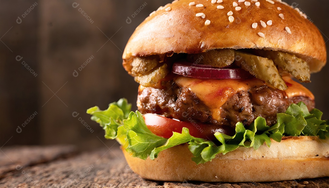 Um suculento hambúrguer, artesão, rústico