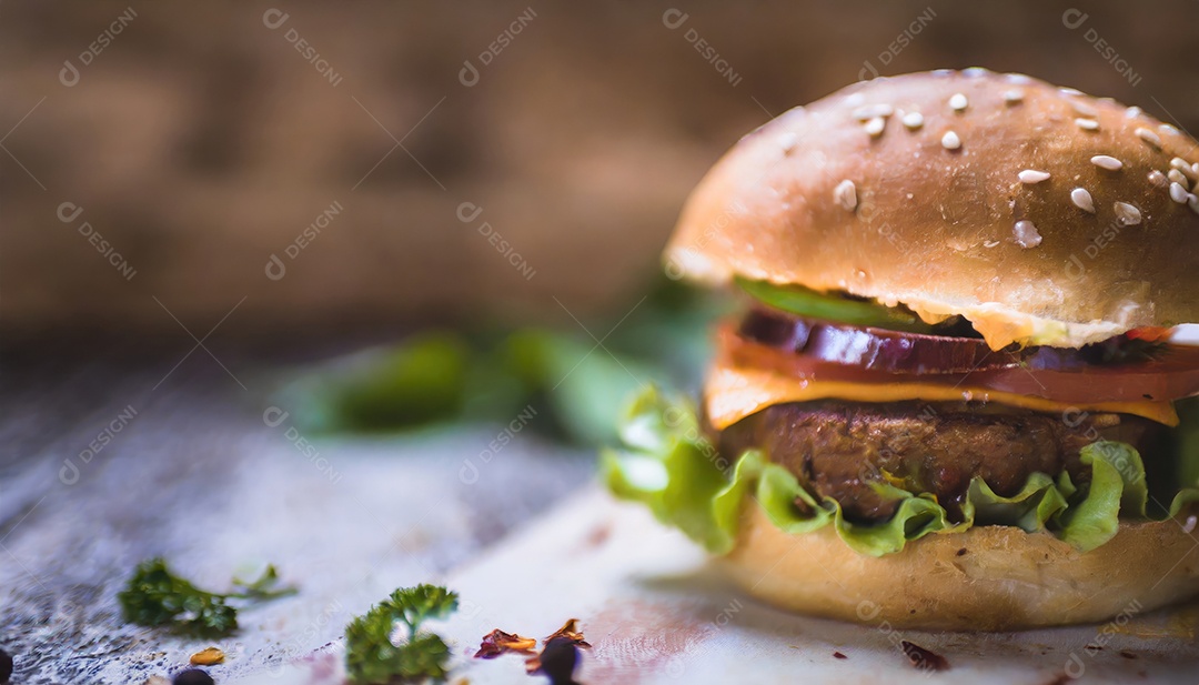 Foto do produto de um hambúrguer suculento, artesão, rústico