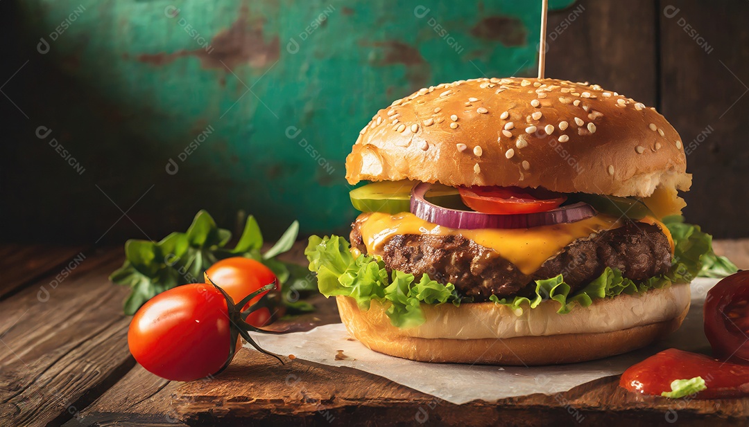 Foto do produto de um hambúrguer suculento, artesão, rústico