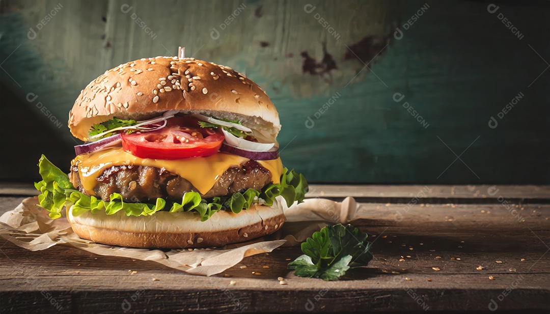 Foto do produto de um hambúrguer suculento, artesão, rústico