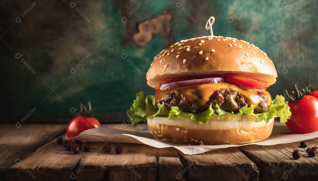 Hambúrguer suculento, artesão, rústico