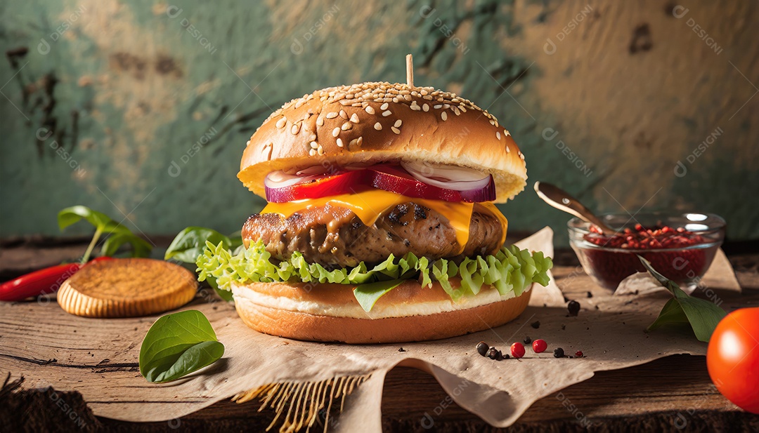 Hambúrguer suculento, artesão, rústico